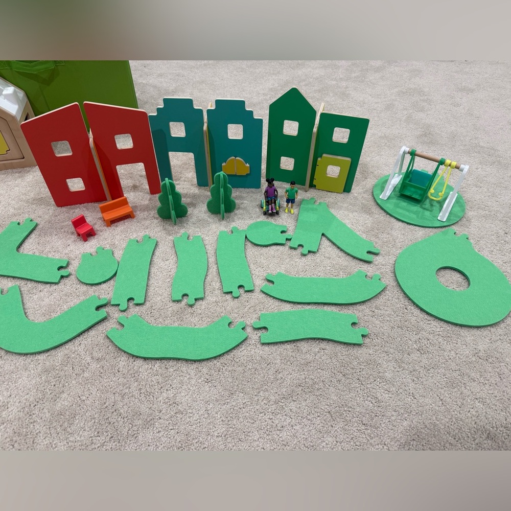 Lovevery modular wooden village and pathways with friends and swing set